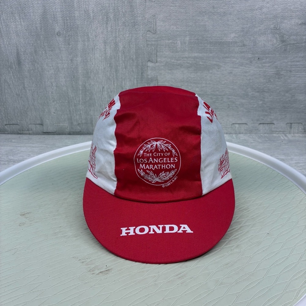 Vintage Y2K Los Angeles Marathon Hat Cap Fitted Running Honda Sponsor Red White